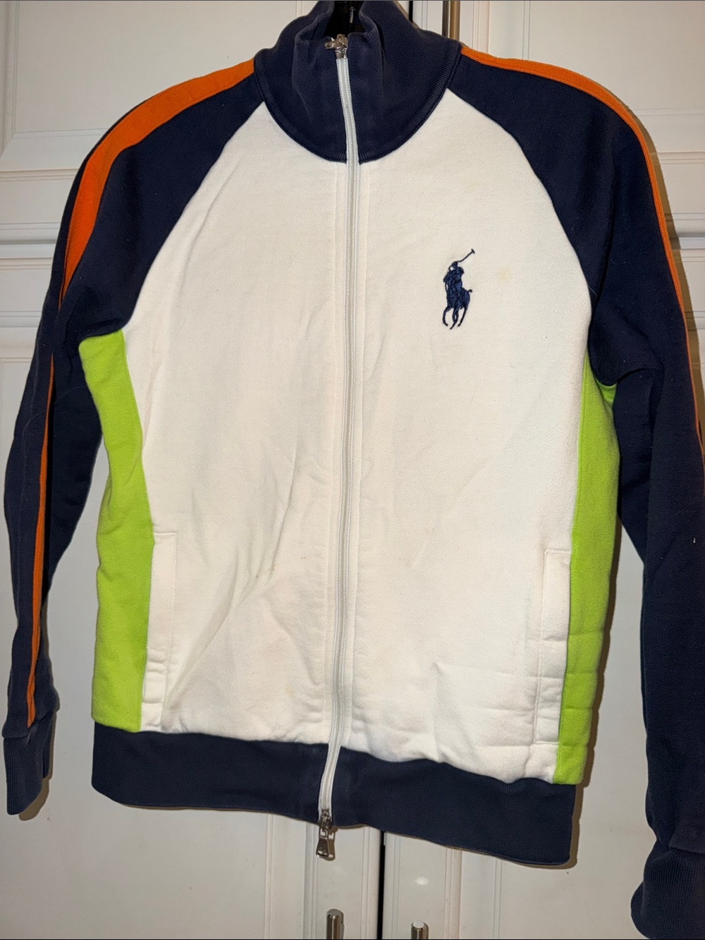 Ralph Lauren White, Navy & Orange Athletic Zip Jacket with Lime Accents